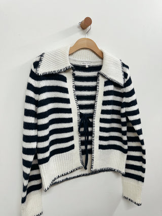 Tie Front Stripe Collared Cardigan