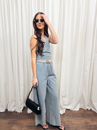 The Pinstripe Wide Leg Structured Pant - Olive Street