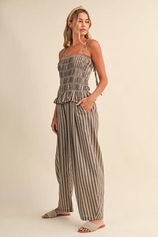 The Striped Ruffle Hem Plaid Top and Wide Leg Pant Set - Olive Street