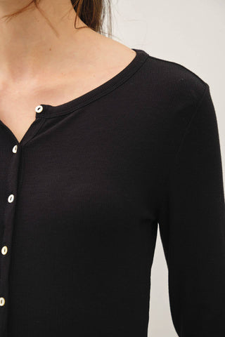 The Button Up Ribbed Jersey Top in Black - Olive Street