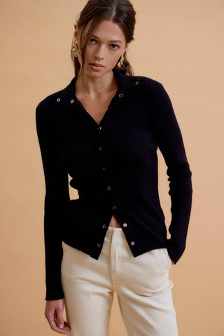 The Snap Button Ribbed Cardigan in Black