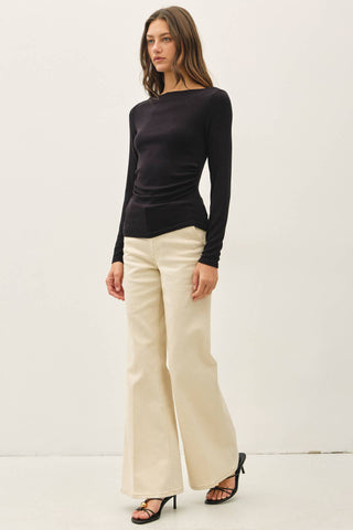 The Modal Ribbed Boat Neck Ruched Top in Black