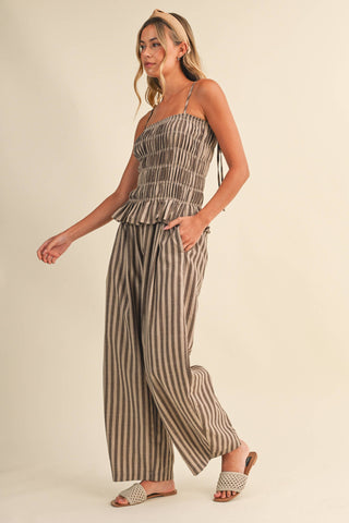 The Striped Ruffle Hem Plaid Top and Wide Leg Pant Set - Olive Street