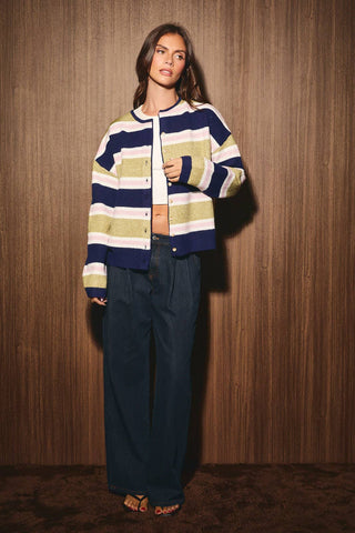 LONG SLEEVE ROUND NECK STRIPED SOFT CARDIGAN: BROWN-MULTI STRIPE / L - Olive Street