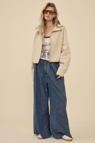 STAND COLLAR DRAWSTRING JACKET - RJ1116: LT BEIGE / S-M-L (3-2-1) - Olive Street