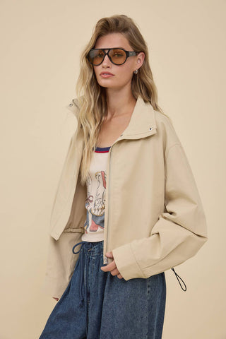 STAND COLLAR DRAWSTRING JACKET - RJ1116: LT BEIGE / S-M-L (3-2-1) - Olive Street