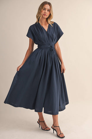 The Poplin Pleated Detail Belted Maxi Dress - Olive Street