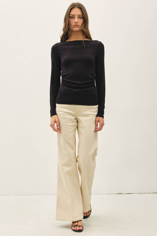 The Modal Ribbed Boat Neck Ruched Top in Black