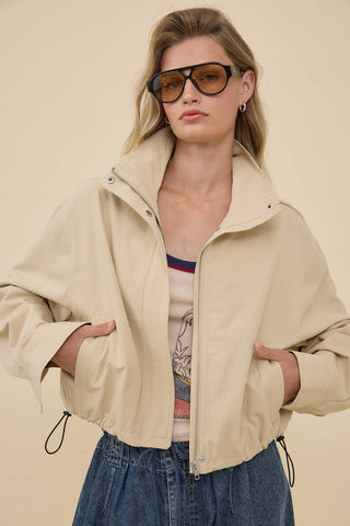 STAND COLLAR DRAWSTRING JACKET - RJ1116: LT BEIGE / S-M-L (3-2-1) - Olive Street