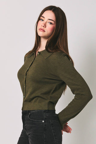 COLLARED BUTTON DOWN SWEATER CARDIGAN: OLIVE / L - Olive Street