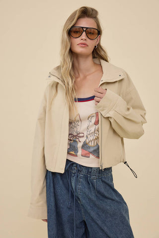 STAND COLLAR DRAWSTRING JACKET - RJ1116: LT BEIGE / S-M-L (3-2-1) - Olive Street