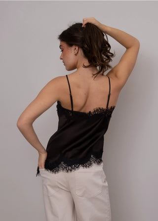 The Reila Satin Lace Asymmetrical Tank in Brown