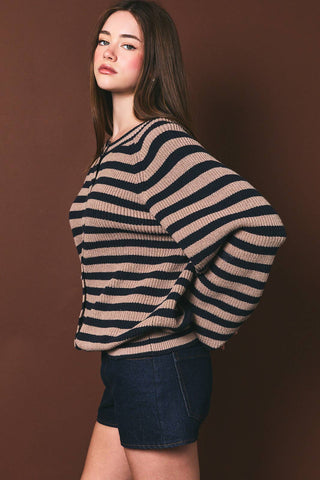 RAGLAN LONG SLEEVE CREW NECK STRIPED SWEATER CARDIGAN: NAVY-TAUPE STRIPE / L - Olive Street