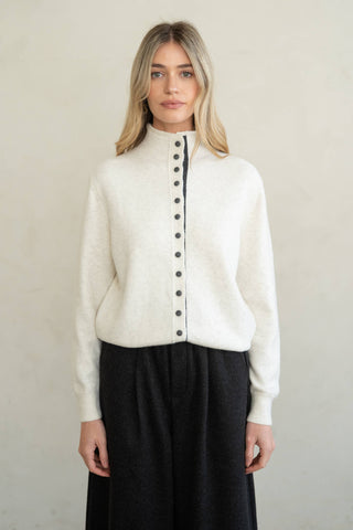 CONTRAST PLACKET STAND COLLAR CARDIGAN: Heather Ivory / Contemporary / M/L - Olive Street