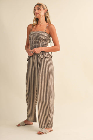 The Striped Ruffle Hem Plaid Top and Wide Leg Pant Set - Olive Street