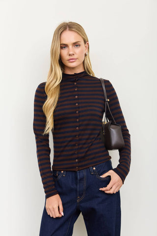The Raw Edge Stripe Mock Neck Cardigan - Olive Street
