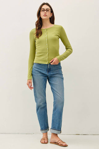The Button Up Ribbed Jersey Top in Matcha - Olive Street