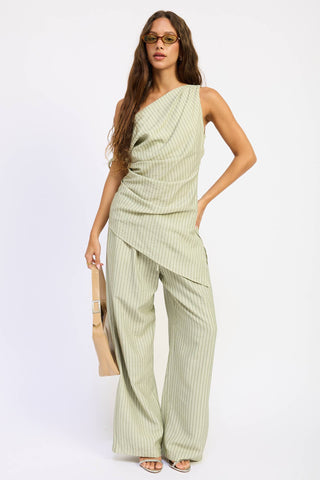 WIDE LEG PINSTRIPE PANTS: SAGE STRIPE / Contemporary / S - Olive Street