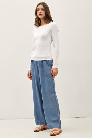 The Lace Trim Ribbed Long Sleeve in White - Olive Street
