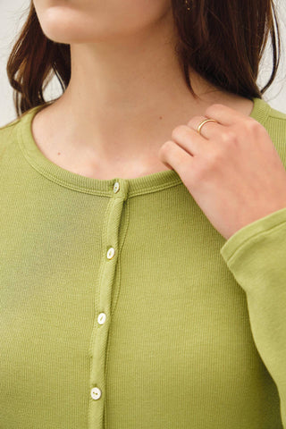 The Button Up Ribbed Jersey Top in Matcha - Olive Street