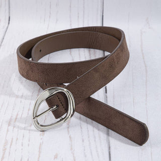 The Faux Suede Sculpted Oval Buckle in Brown - Olive Street