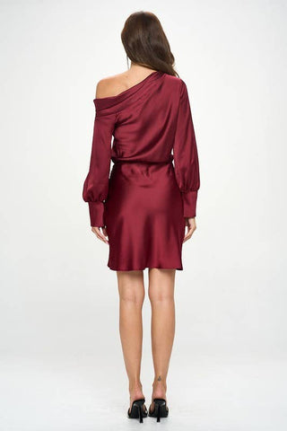 The Satin Off Shoulder Ruched Asymmetrical Dress