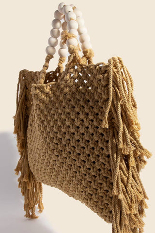 The Wooden Bead Handle Braided Tote Bag in Brown