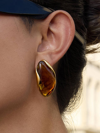 The Maélie 18K Gold Non-Tarnish Resin Drop Earrings in Brown