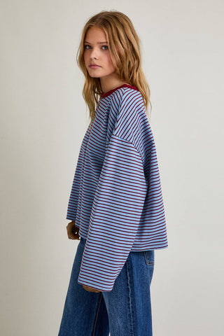 The Boxy Stripe Long Sleeve Tee in Blue