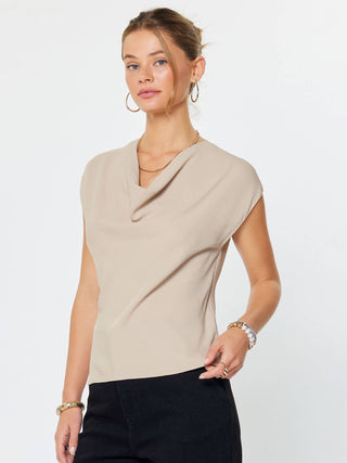 The Draped Cowl Neck Cap Sleeve Top in Taupe - Olive Street