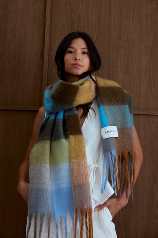 The Reykjavik Scarf - 100% Recycled in Blue and Orange Check