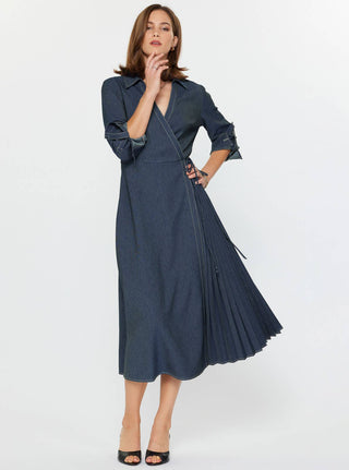 The Denim Wrap Pleat Detail Midi Dress - Olive Street