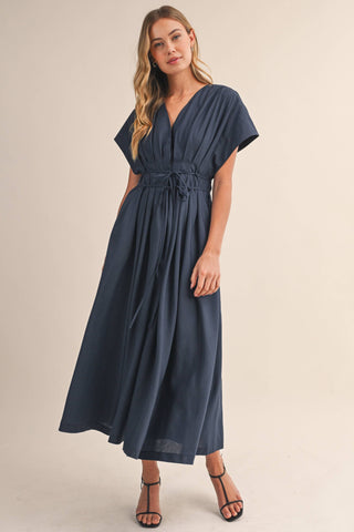The Poplin Pleated Detail Belted Maxi Dress - Olive Street
