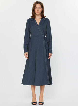 The Denim Wrap Pleat Detail Midi Dress - Olive Street