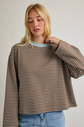 The Boxy Stripe Long Sleeve Tee in Brown