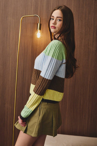 BOAT NECK MULTI COLOR SWEATER RIB TOP: LT BLUE-MULTI STRIPE / L - Olive Street