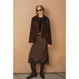 The Lace Trimmed Satin Midi Skirt in Brown