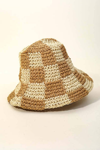 The Checkered Raffia Bucket Hat in Brown - Olive Street