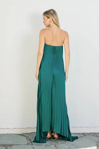 The Strapless Emerald Pleated Midi Dress