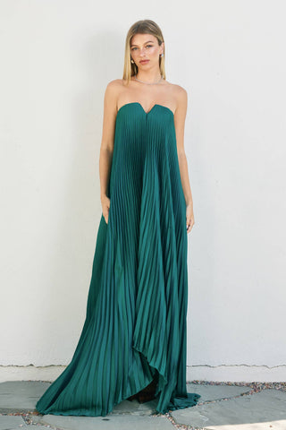 The Strapless Emerald Pleated Midi Dress Green / Medium The Strapless Emerald Pleated Midi Dress Green / Medium