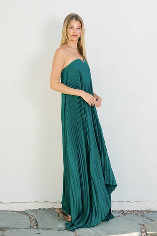 The Strapless Emerald Pleated Midi Dress
