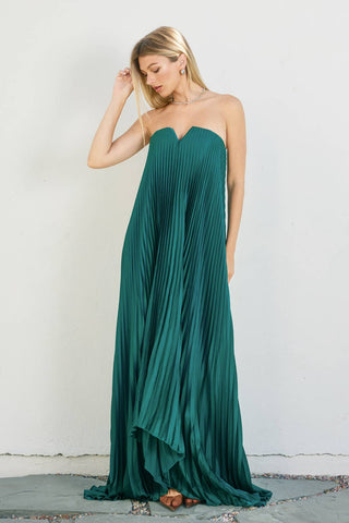 The Strapless Emerald Pleated Midi Dress