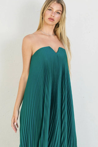 The Strapless Emerald Pleated Midi Dress Green / Medium The Strapless Emerald Pleated Midi Dress Green / Medium