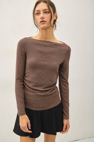 The Modal Ribbed Boat Neck Ruched Top in Brown