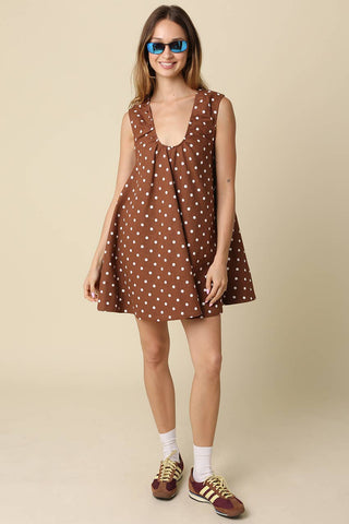 The Rain Polka Dot Swing Mini Dress in Brown - Olive Street