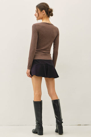 The Modal Ribbed Boat Neck Ruched Top in Brown