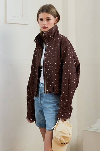 The High Neck Drawstring Pullover Jacket in Brown Dot - Olive Street