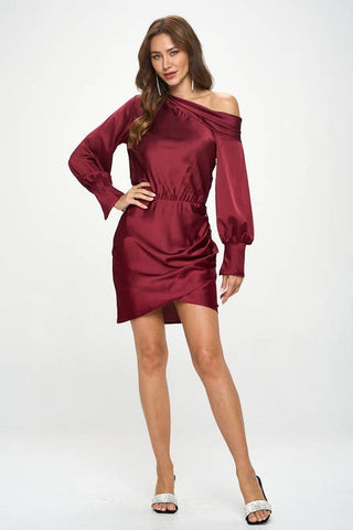 The Satin Off Shoulder Ruched Asymmetrical Dress