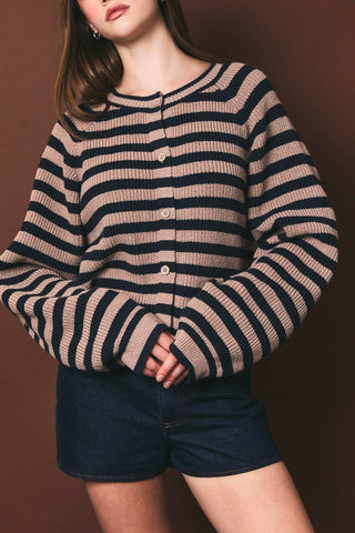 RAGLAN LONG SLEEVE CREW NECK STRIPED SWEATER CARDIGAN: NAVY-TAUPE STRIPE / L - Olive Street