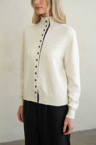 CONTRAST PLACKET STAND COLLAR CARDIGAN: Heather Ivory / Contemporary / M/L - Olive Street